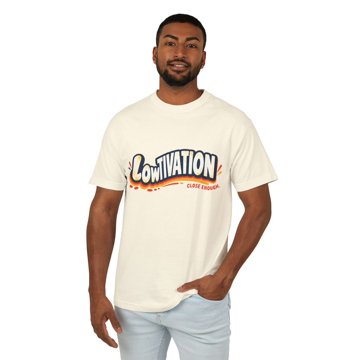 Man wearing the LOWTIVATION graphic tee in Faded Cream