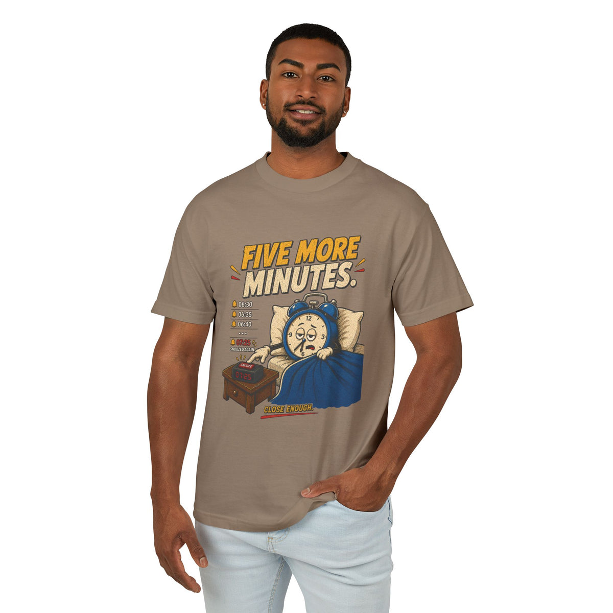Man wearing Five More Minutes graphic tee in Faded Brown