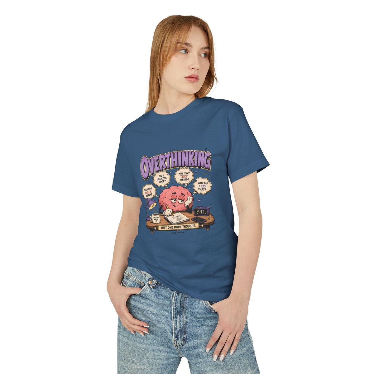 Woman wearing Overthinking at 2:47 graphic tee in Faded Navy