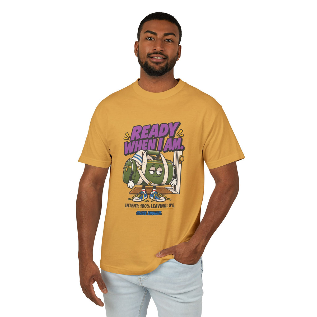 Man wearing the READY WHEN I AM tee in Faded Mustard