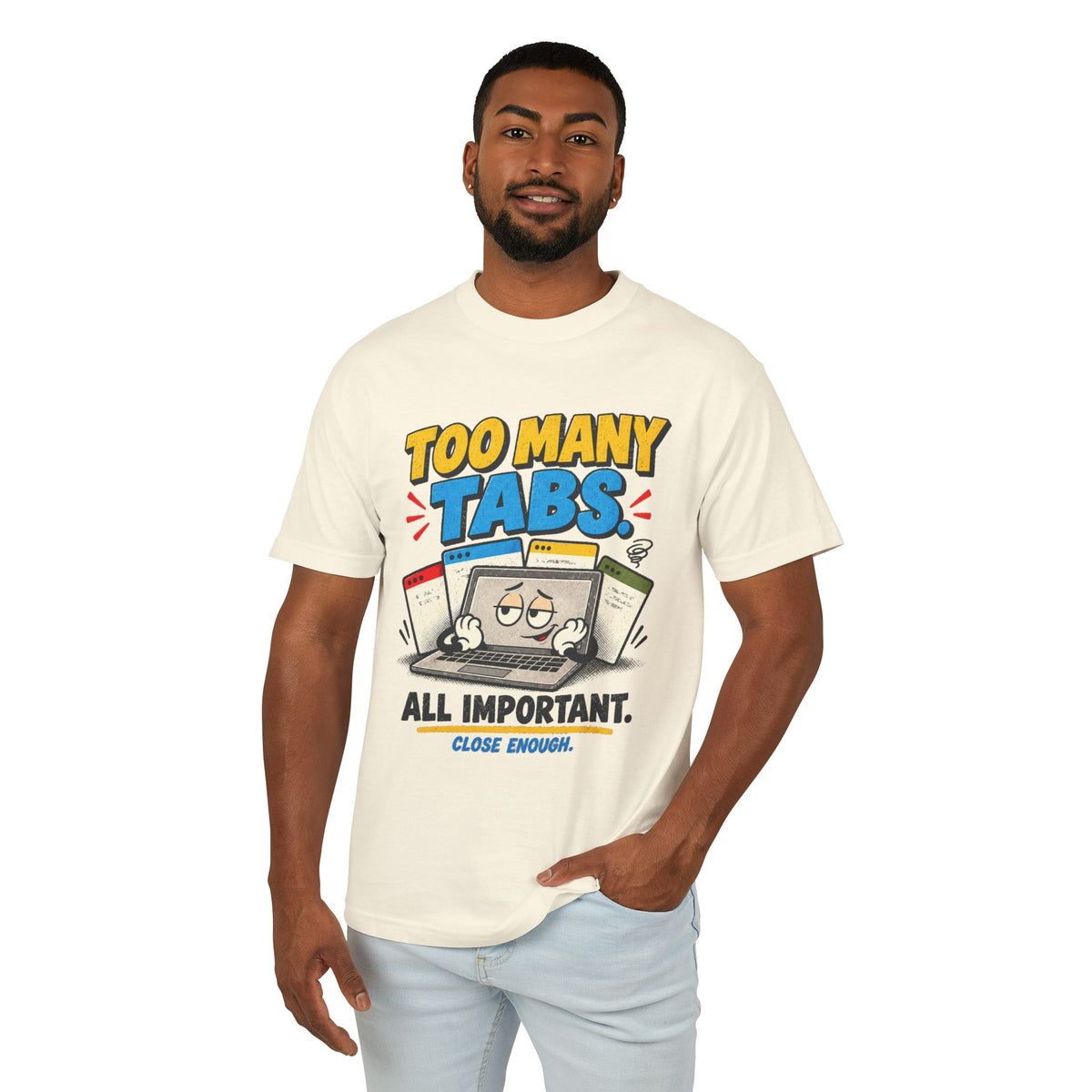 Man wearing the TOO MANY TABS tee in Faded Cream