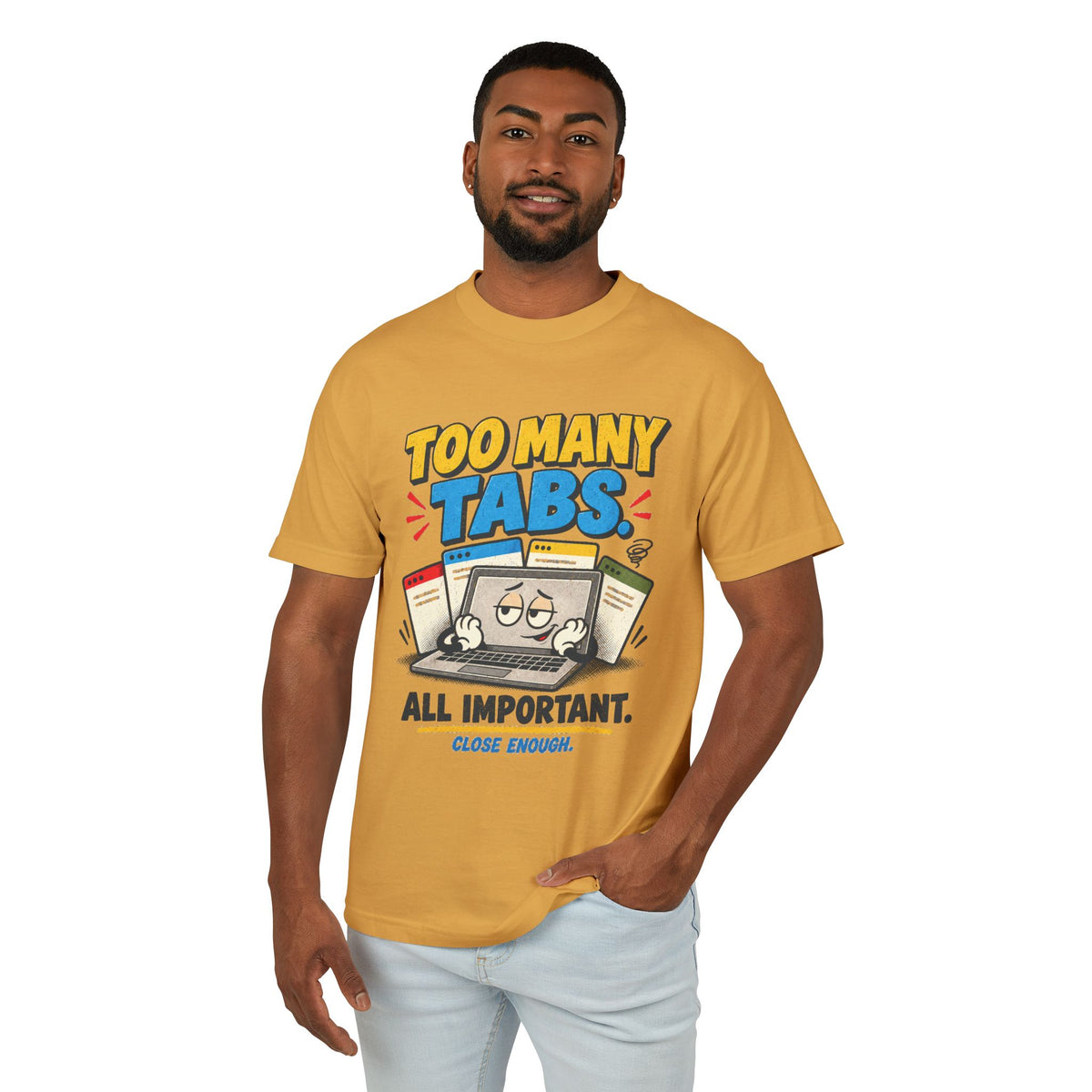 Man wearing the TOO MANY TABS tee in Faded Mustard