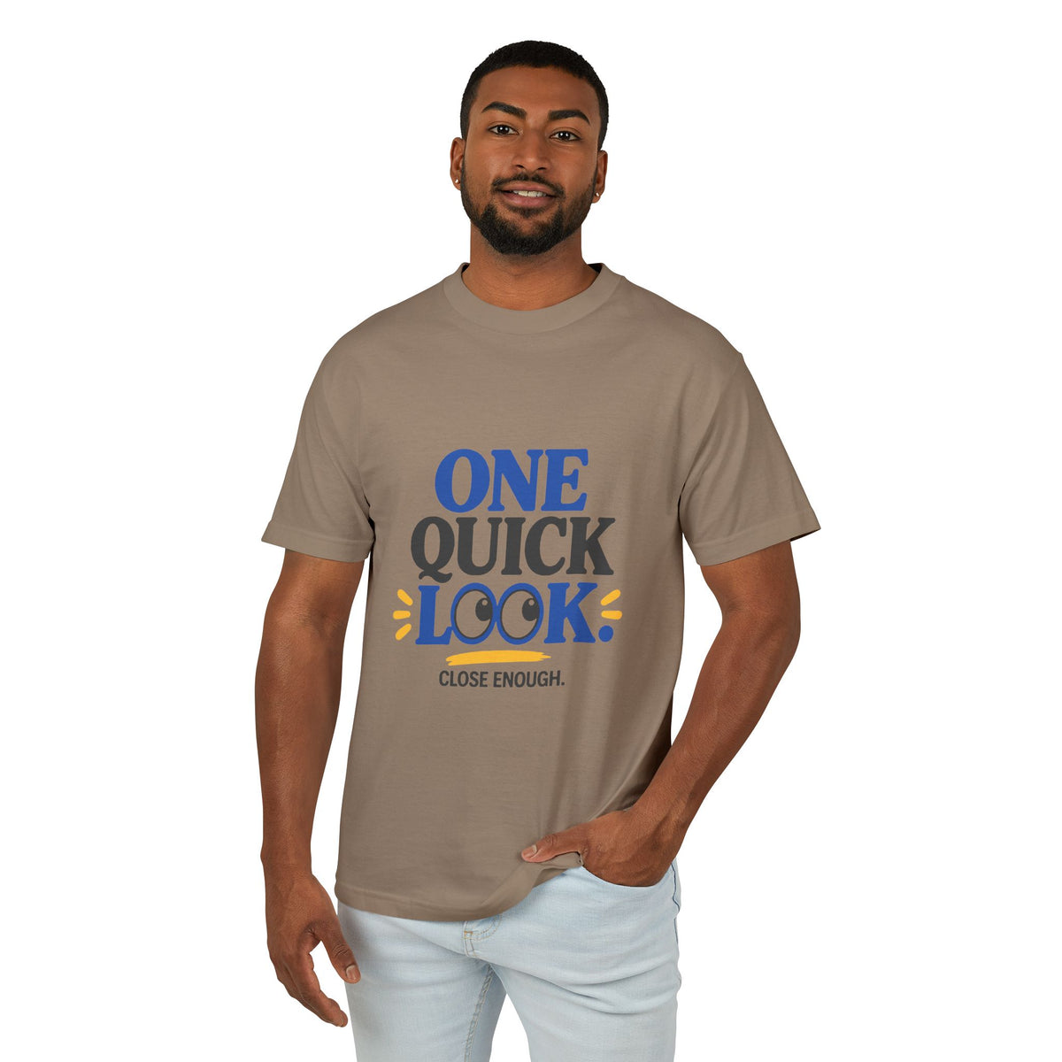 Male model wearing the Close Enough One Quick Look Tee in Faded Brown, front view