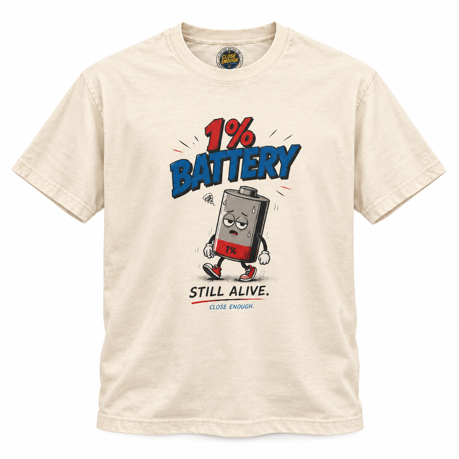 1% Battery graphic tee in Faded Cream by CLOSE ENOUGH
