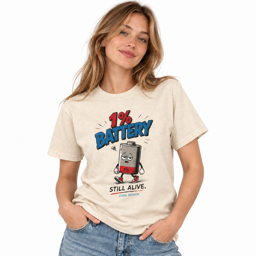Woman wearing 1% Battery graphic tee in Faded Cream