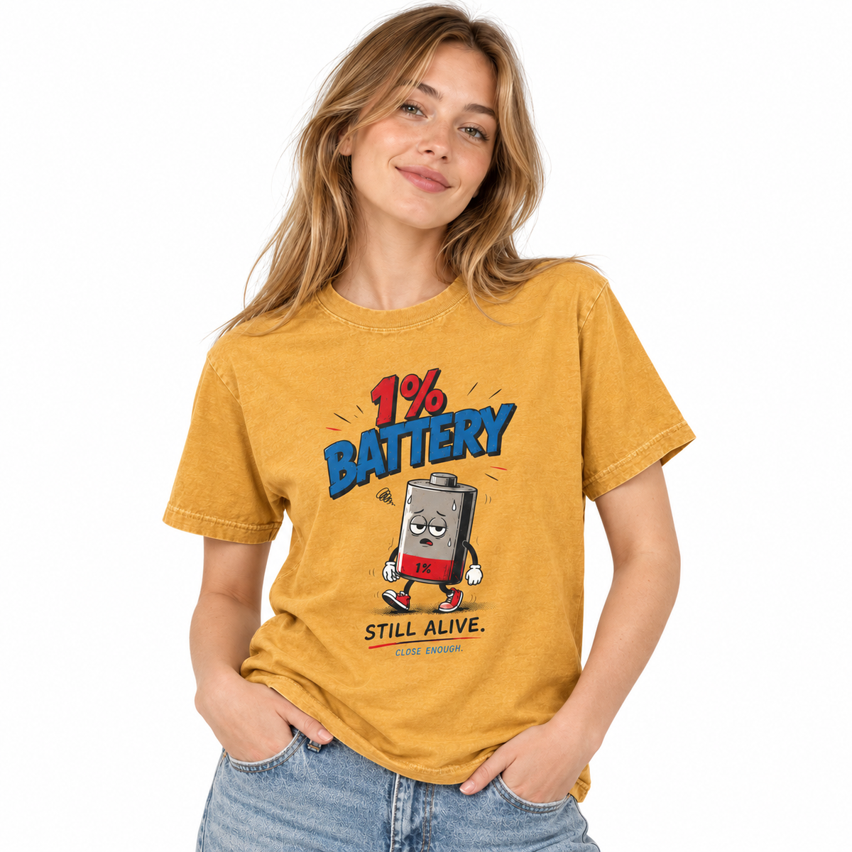 Woman wearing 1% Battery graphic tee in Faded Cream