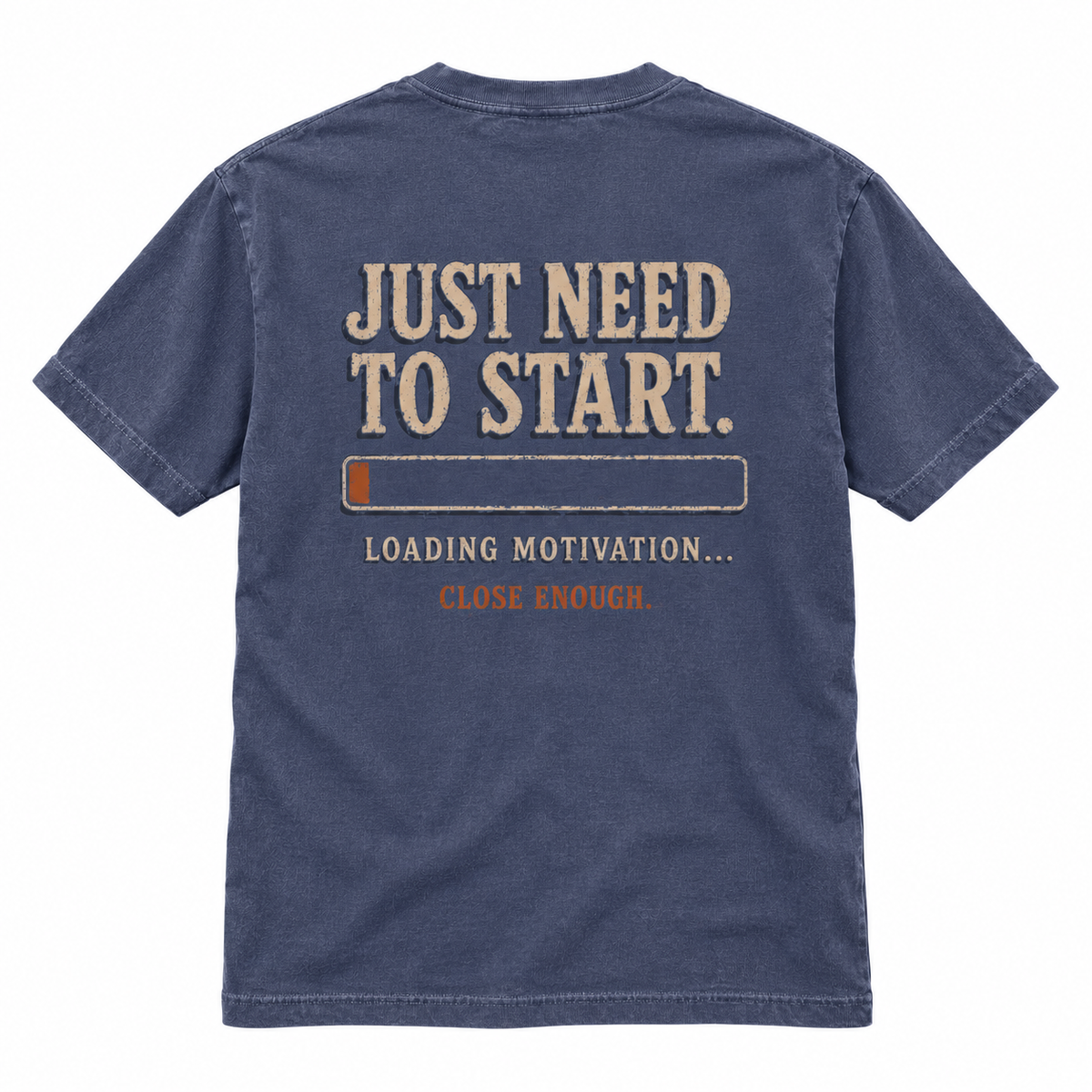 Back of Almost Ready Faded Navy tee with cream typography