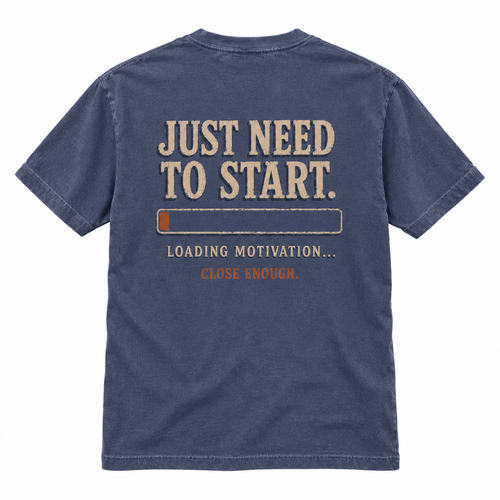 Back of Almost Ready Faded Navy tee with cream typography