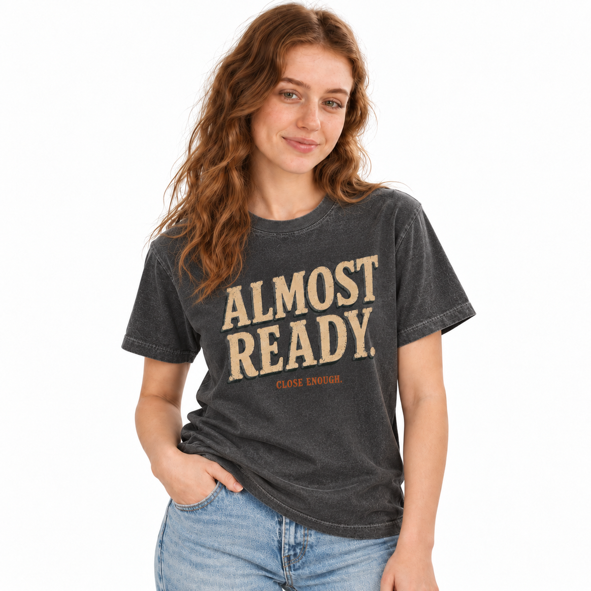 Woman wearing the Almost Ready Faded Black graphic tee