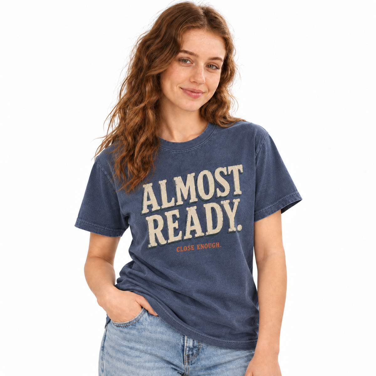 Woman wearing the Almost Ready Faded Navy graphic tee
