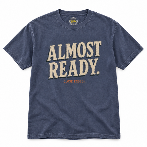 Almost Ready Faded Navy tee with cream front typography