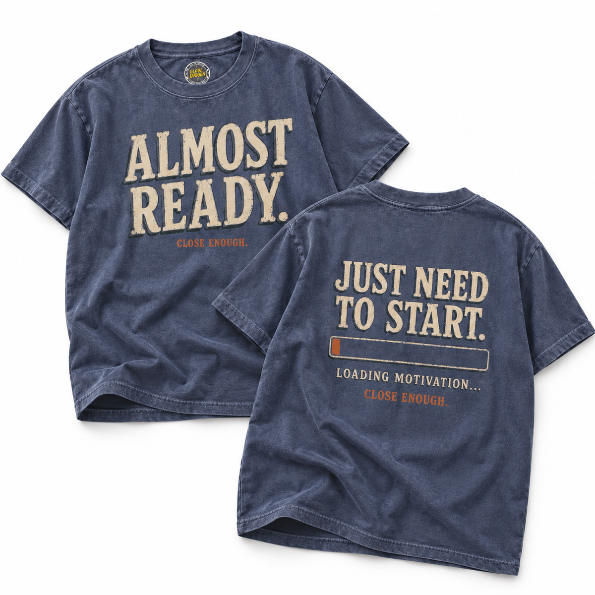 Almost Ready Faded Navy tee showing front and back artwork