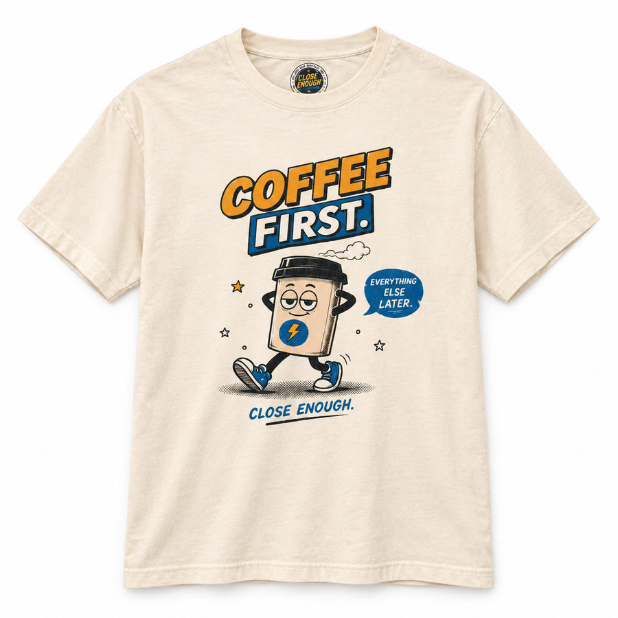 COFFEE FIRST graphic tee in Faded Cream by CLOSE ENOUGH
