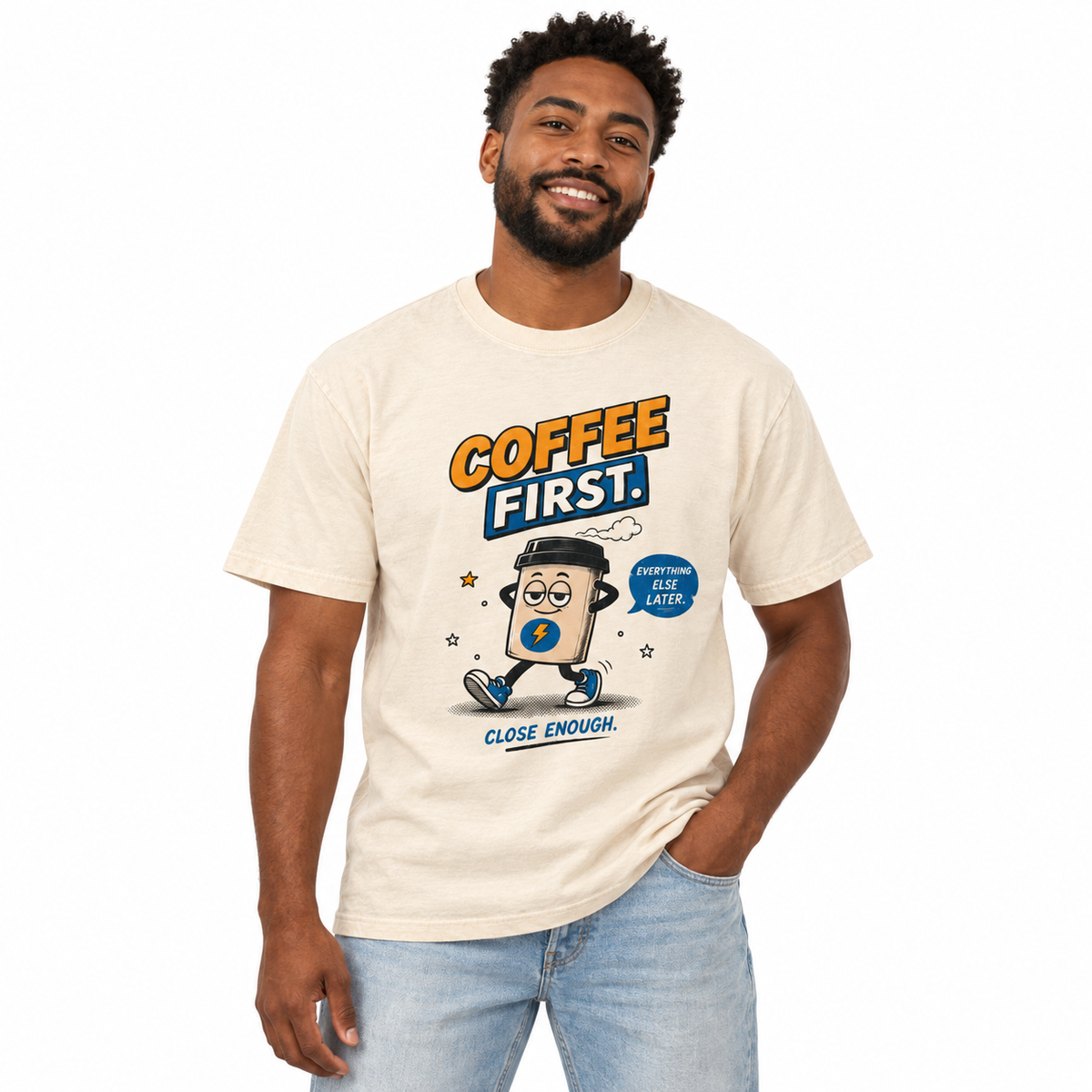 Man wearing COFFEE FIRST Tee in Faded Cream