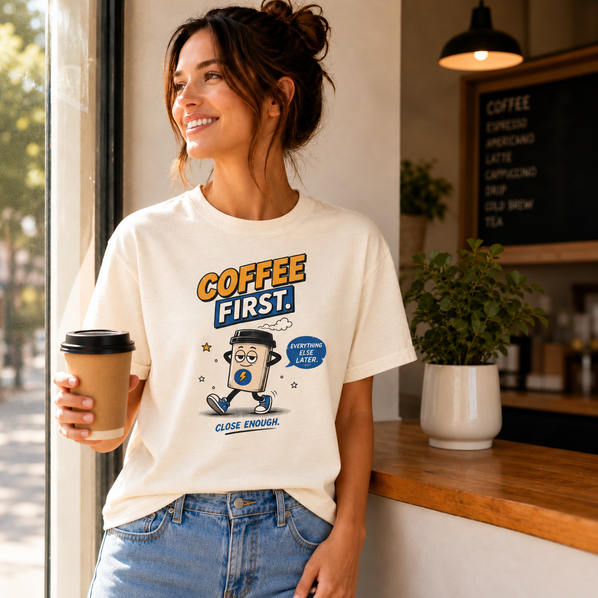 Woman wearing COFFEE FIRST Tee in Faded Cream in a cafe