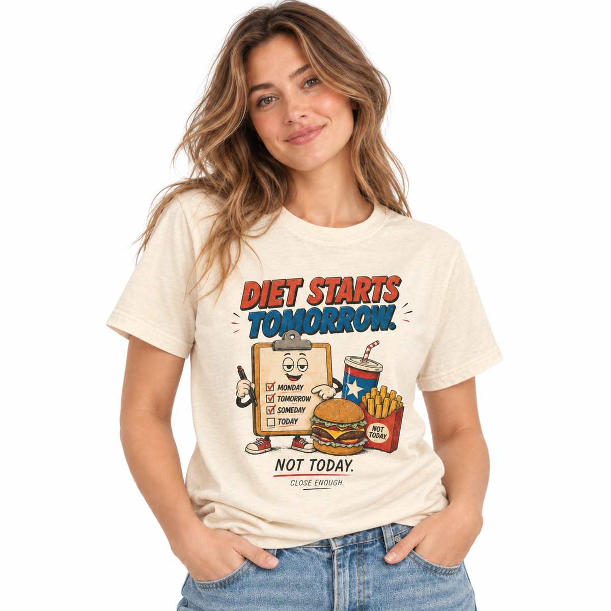 Woman wearing the Diet Starts Tomorrow cream graphic tee