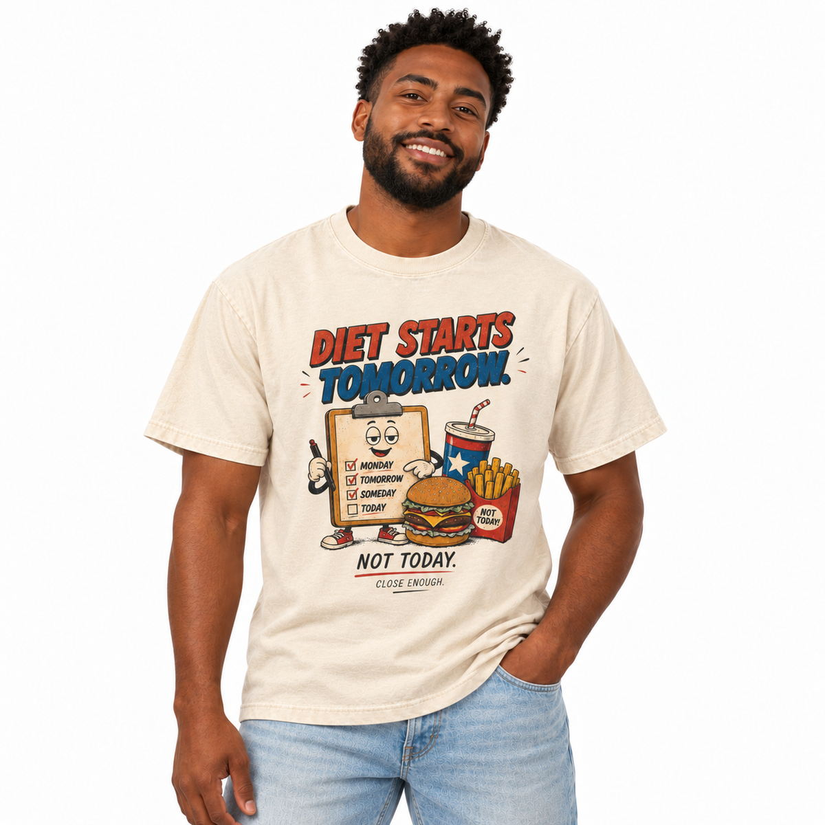 Man wearing the Diet Starts Tomorrow cream graphic tee