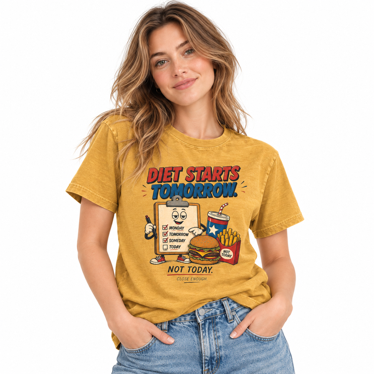 Woman wearing the Diet Starts Tomorrow faded mustard graphic tee