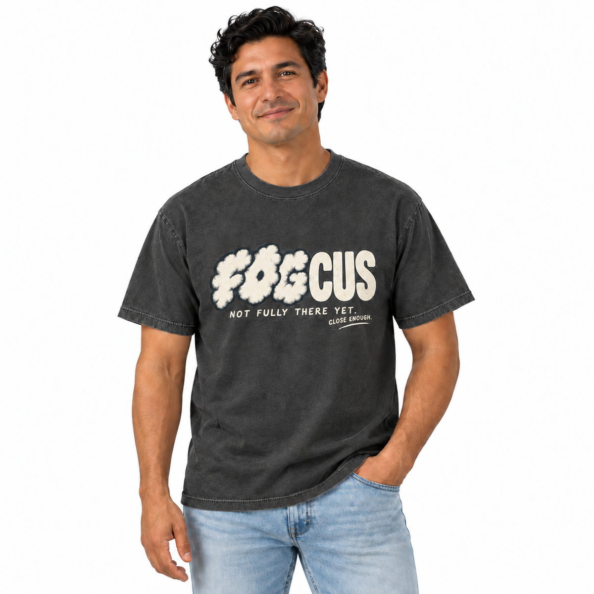 Man wearing the FOGCUS graphic tee in Faded Black