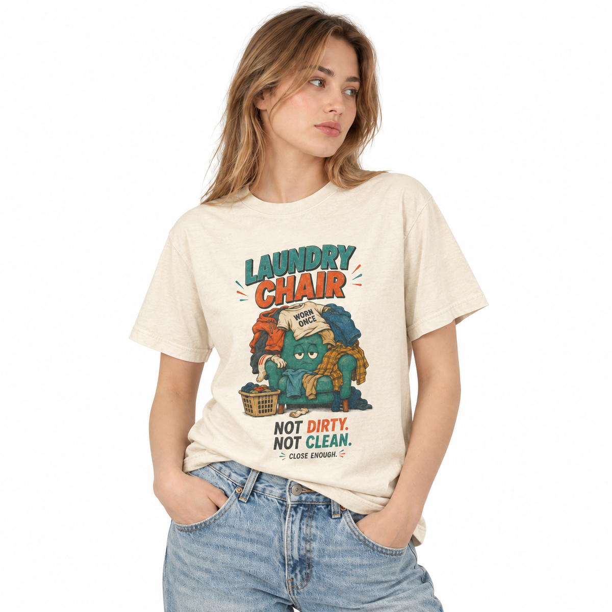 Woman wearing the Laundry Chair cream graphic tee