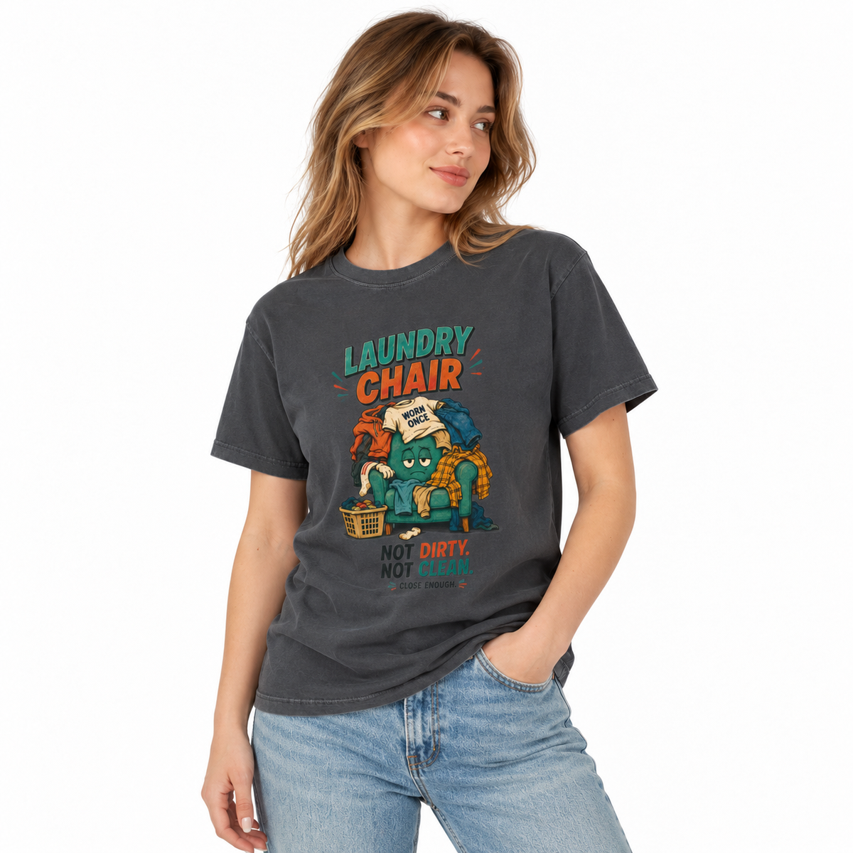 Woman wearing the Laundry Chair Faded Black graphic tee