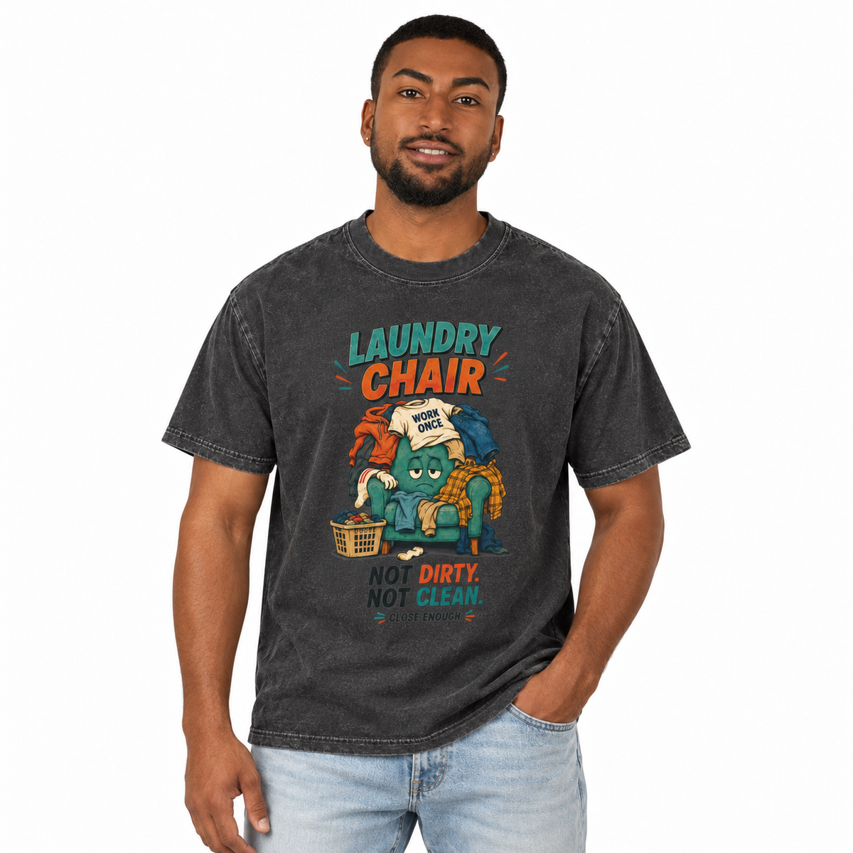Man wearing the Laundry Chair Faded Black graphic tee