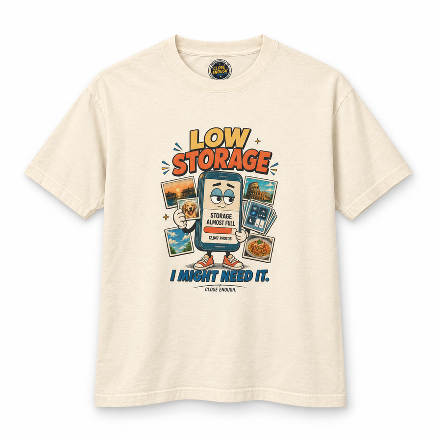 Low Storage cream graphic tee with retro storage character artwork