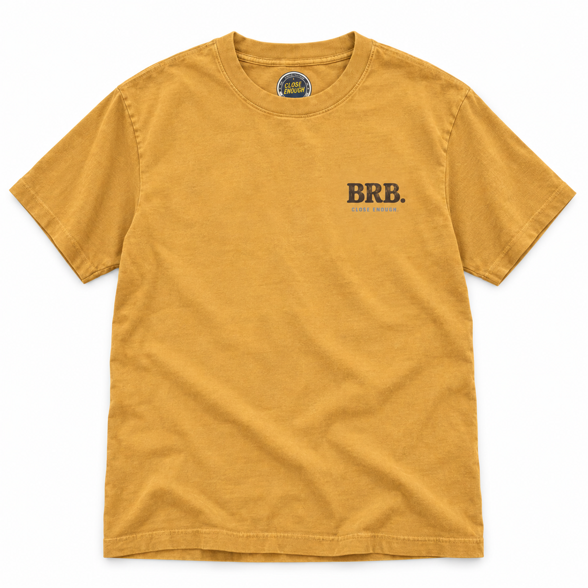 BE RIGHT BACK faded mustard graphic tee with small front chest print