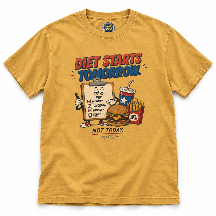 Diet Starts Tomorrow faded mustard graphic tee with retro food artwork
