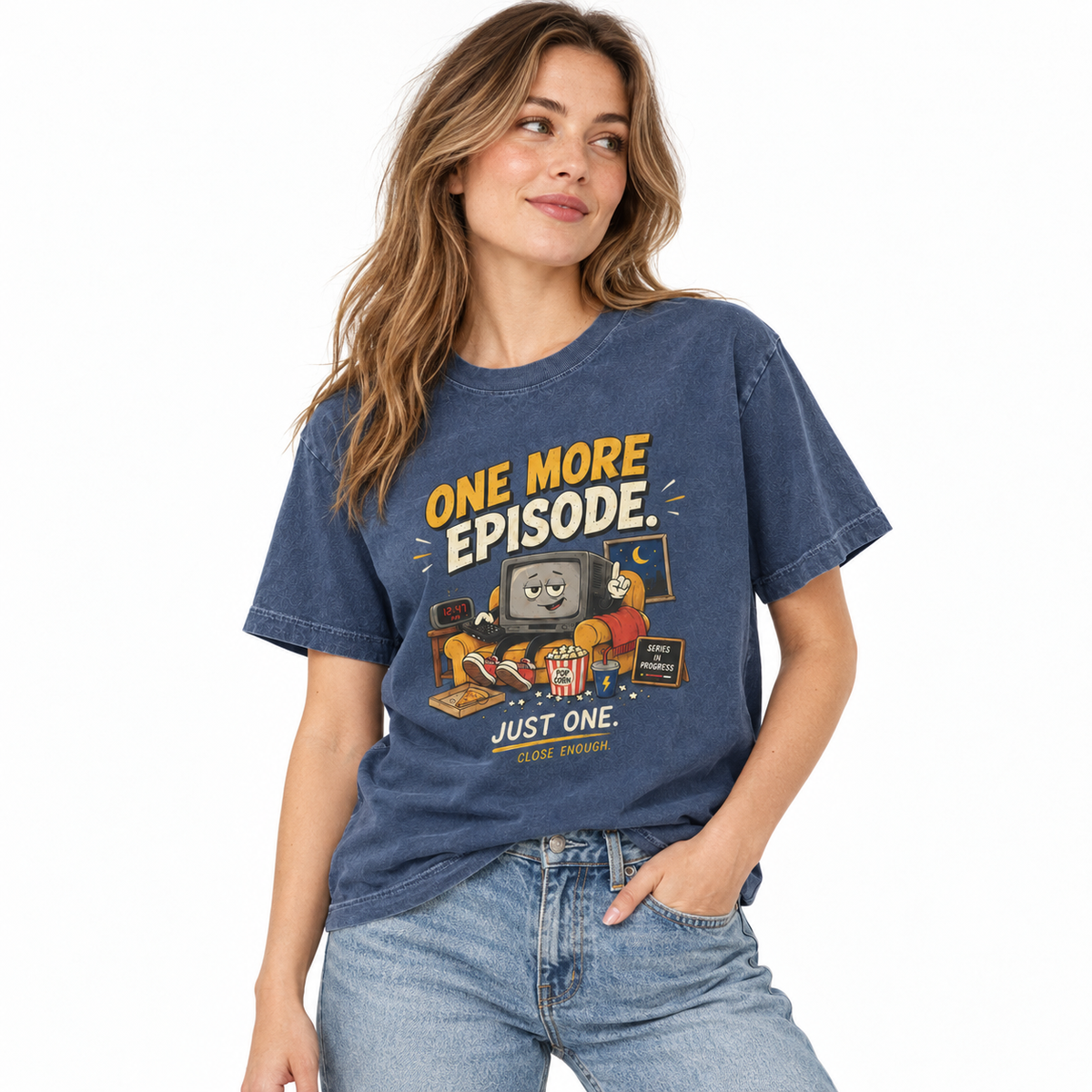 Woman wearing the ONE MORE EPISODE tee in Faded Navy