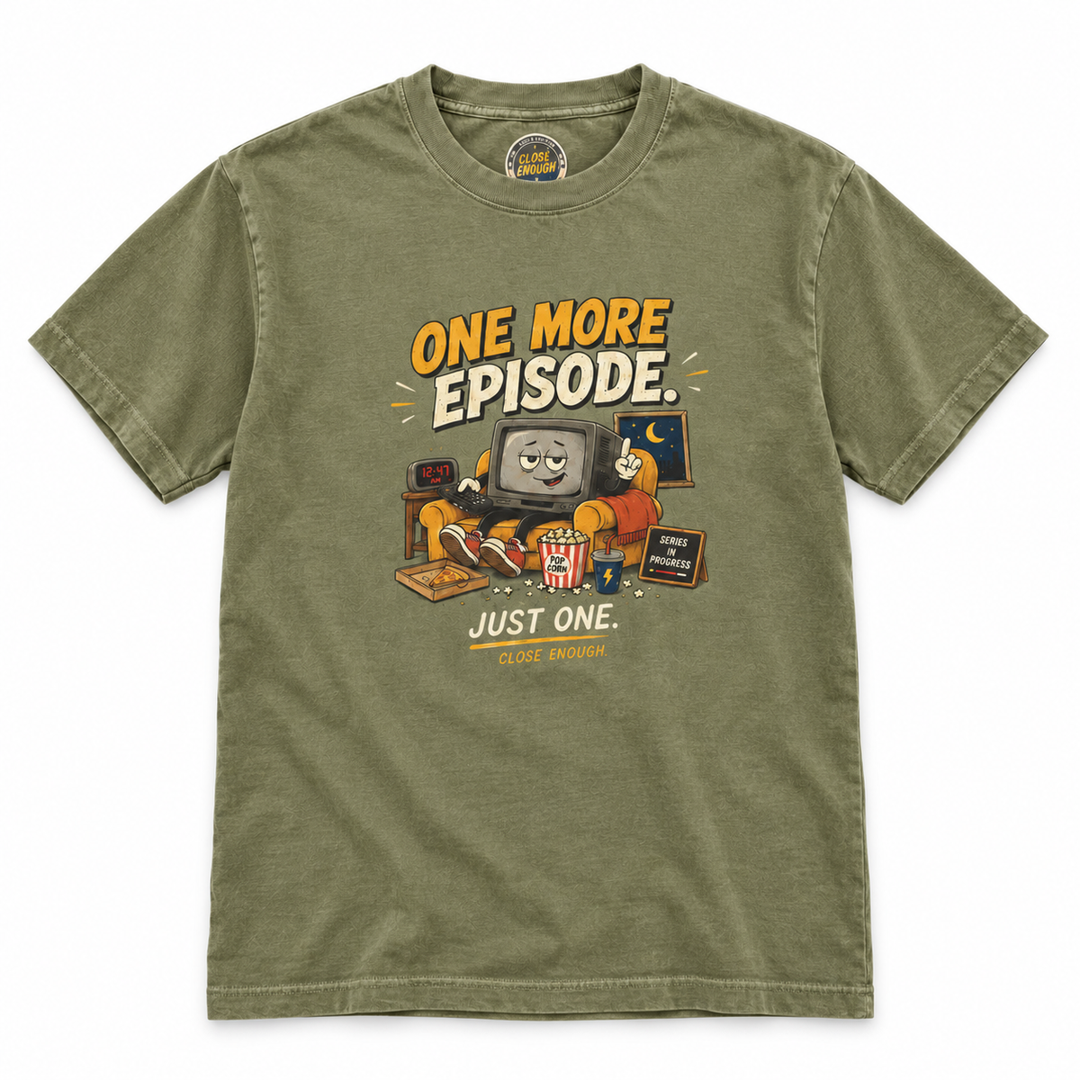 ONE MORE EPISODE graphic tee in Faded Army by CLOSE ENOUGH