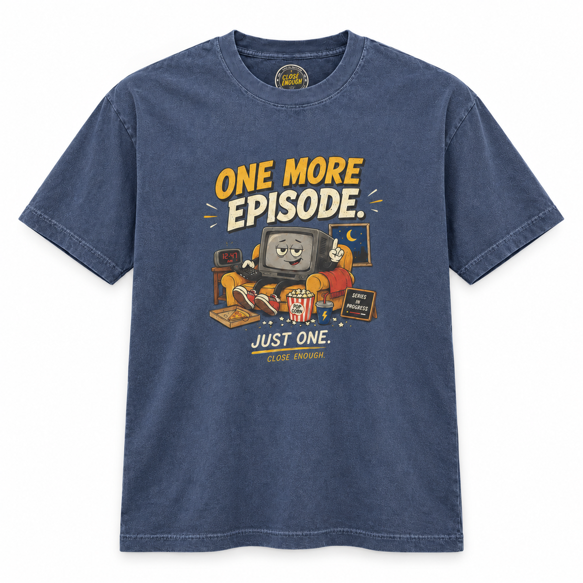ONE MORE EPISODE graphic tee in Faded Navy by CLOSE ENOUGH