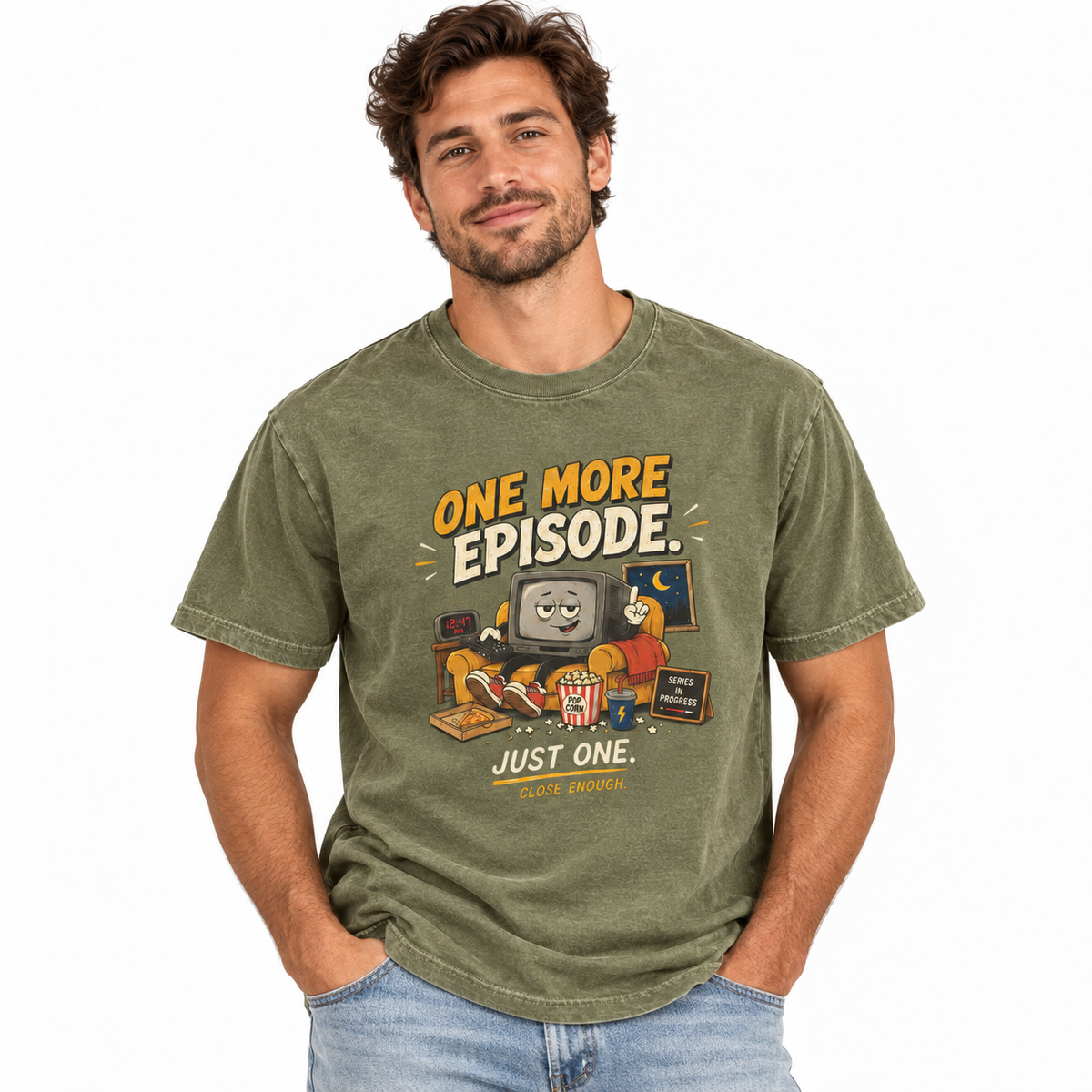 Man wearing the ONE MORE EPISODE tee in Faded Army