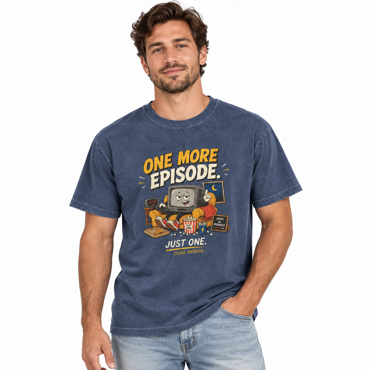 Man wearing the ONE MORE EPISODE tee in Faded Navy