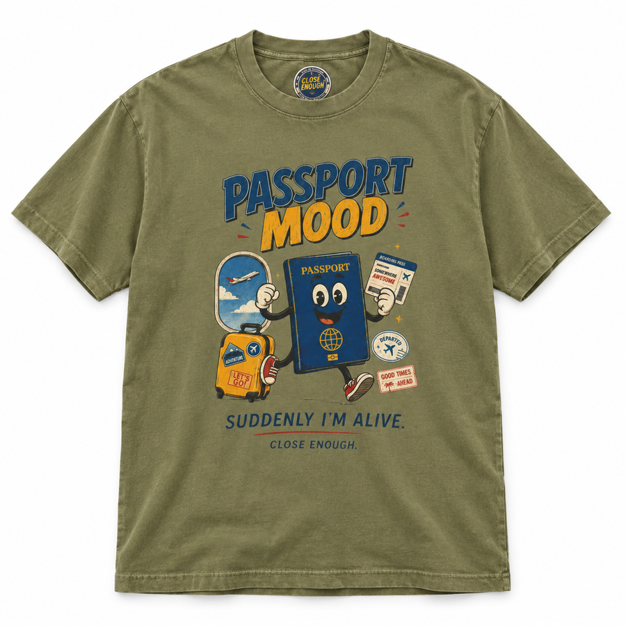 Passport Mood graphic tee in Faded Army by CLOSE ENOUGH