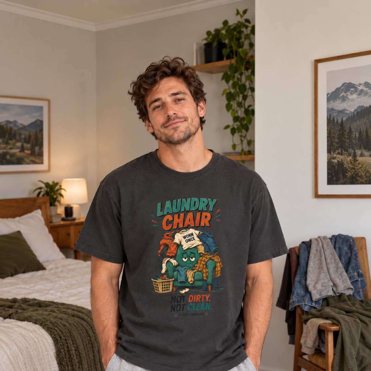 Male model wearing the Close Enough Laundry Chair Tee in faded black in a relaxed bedroom with clothes draped over a chair