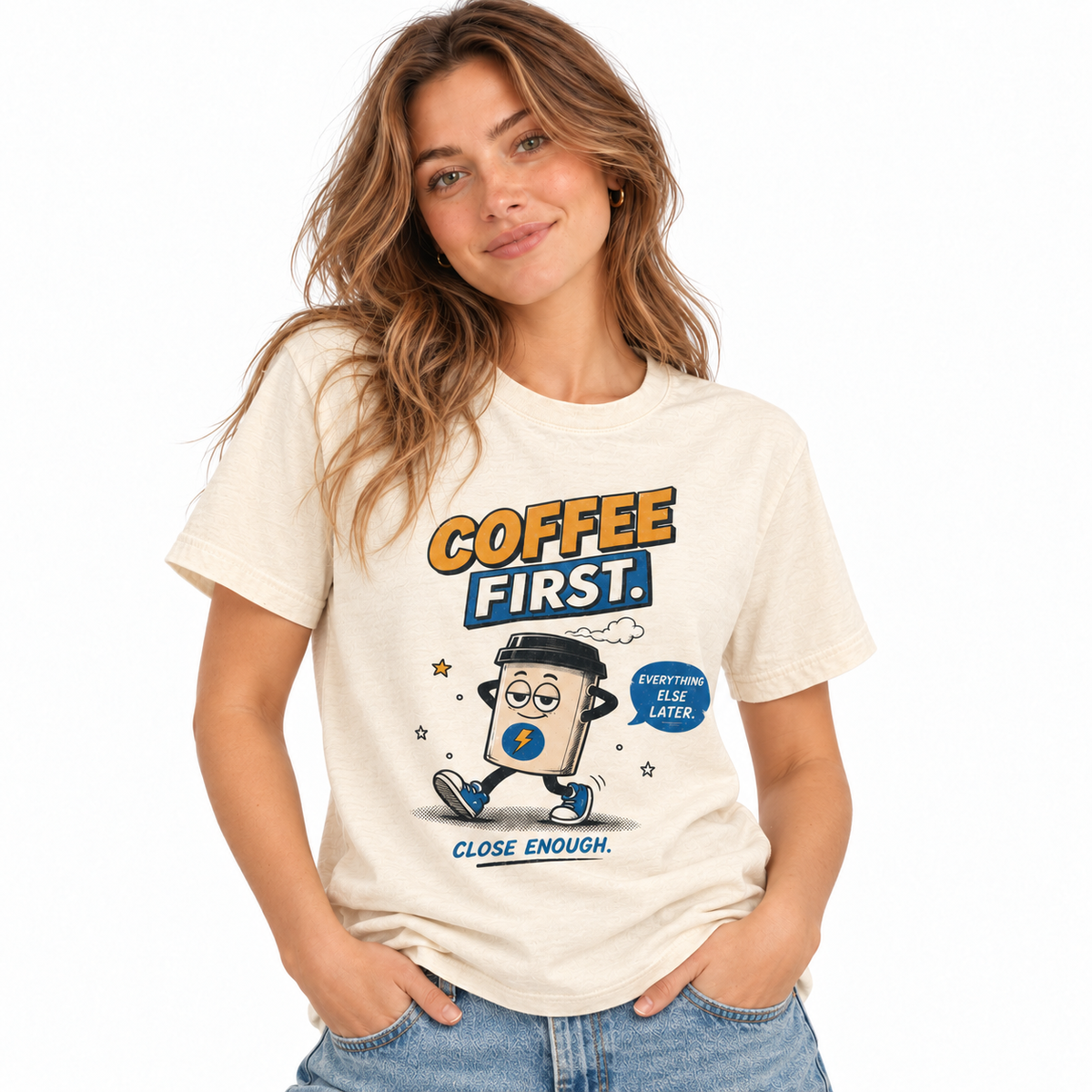 Woman wearing COFFEE FIRST Tee in Faded Cream