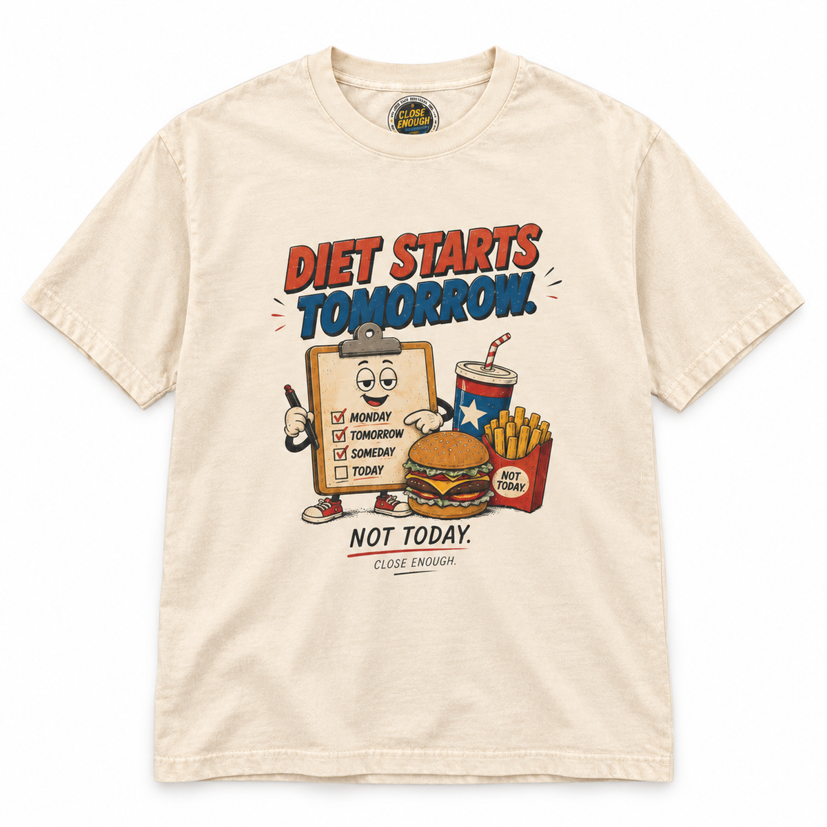 Diet Starts Tomorrow cream graphic tee with retro food artwork